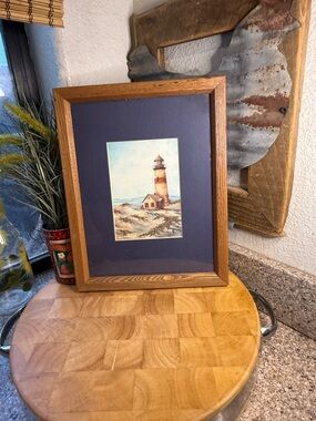 Framed Lighthouse Watercolor with Oak Frame - Blue Mat